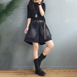 Big Pockets Baggy Jean Shorts Black Wide Leg Shorts for Women