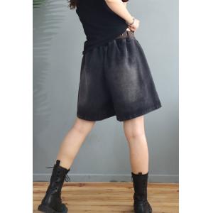 Big Pockets Baggy Jean Shorts Black Wide Leg Shorts for Women