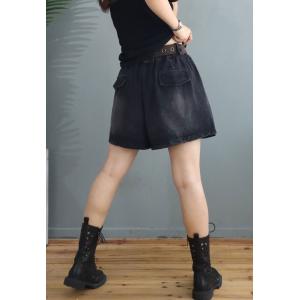 Street Style Summer Denim Shorts Flap Pockets Black Short Jeans