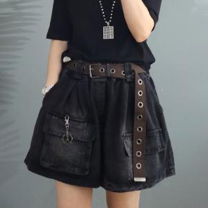 Street Style Summer Denim Shorts Flap Pockets Black Short Jeans