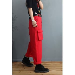 Button Down Thick Cotton Loose Pants Pockets Fleeced Trousers