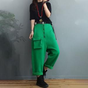 Button Down Thick Cotton Loose Pants Pockets Fleeced Trousers