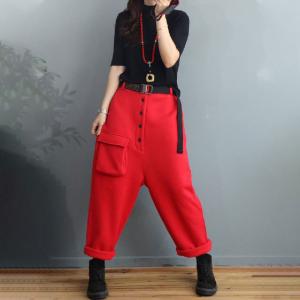 Button Down Thick Cotton Loose Pants Pockets Fleeced Trousers