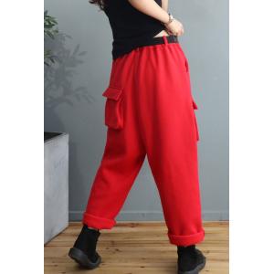 Button Down Thick Cotton Loose Pants Pockets Fleeced Trousers