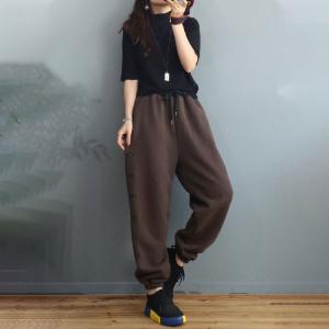 Letter Embroidered Cotton Pants Plain Fleeced Casual Trousers