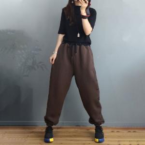 Letter Embroidered Cotton Pants Plain Fleeced Casual Trousers