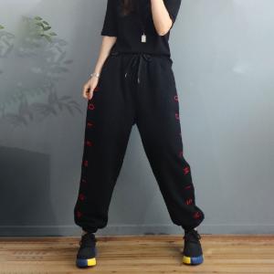 Letter Embroidered Cotton Pants Plain Fleeced Casual Trousers