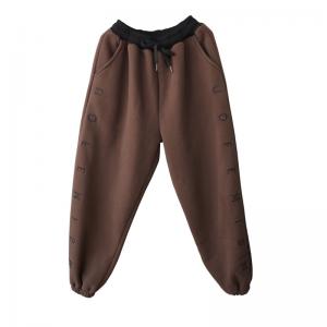 Letter Embroidered Cotton Pants Plain Fleeced Casual Trousers