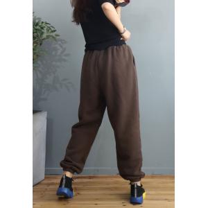 Letter Embroidered Cotton Pants Plain Fleeced Casual Trousers