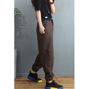 Letter Embroidered Cotton Pants Plain Fleeced Casual Trousers