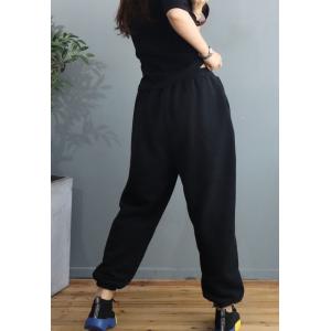 Letter Embroidered Cotton Pants Plain Fleeced Casual Trousers