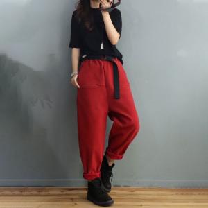 Solid Colors Fleeced Tapered Pants Womens Cotton Winter Trousers