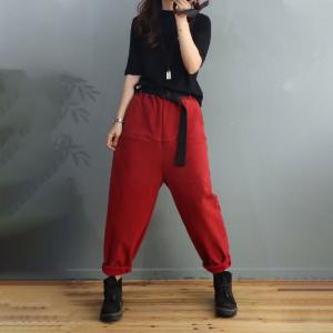 Solid Colors Fleeced Tapered Pants Womens Cotton Winter Trousers