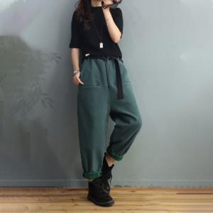 Solid Colors Fleeced Tapered Pants Womens Cotton Winter Trousers