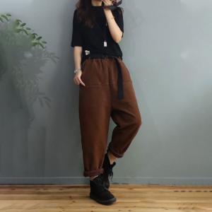 Solid Colors Fleeced Tapered Pants Womens Cotton Winter Trousers