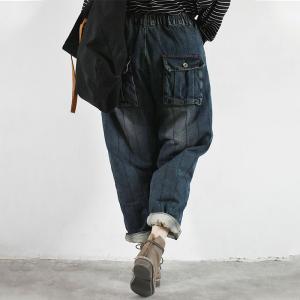 Vertical Striped Baggy Dad Jeans Cotton Quilted Winter Jeans