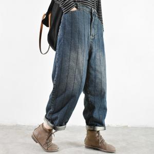 Vertical Striped Baggy Dad Jeans Cotton Quilted Winter Jeans