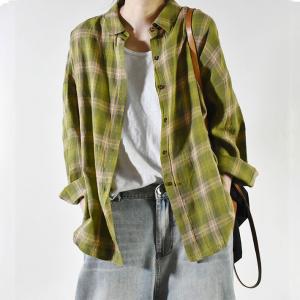 Back Letter Prints Plus Size Shirt Korean Plaid Cotton Shirt