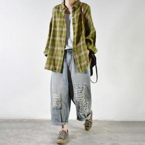 Back Letter Prints Plus Size Shirt Korean Plaid Cotton Shirt