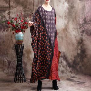 Bat Sleeve Red Silky Moroccan Dress Printed Plus Size Caftan