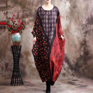Bat Sleeve Red Silky Moroccan Dress Printed Plus Size Caftan
