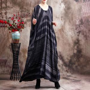 V-Neck Chunky Striped Church Dress Silk Plus Size Modest Clothing