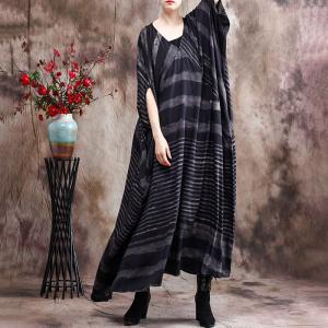 V-Neck Chunky Striped Church Dress Silk Plus Size Modest Clothing