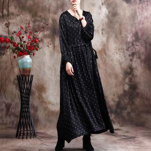 High-Waist Puff Sleeve Belted Dress Black Elegant Dotted Dress