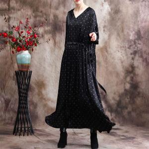 High-Waist Puff Sleeve Belted Dress Black Elegant Dotted Dress
