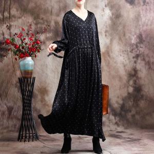 High-Waist Puff Sleeve Belted Dress Black Elegant Dotted Dress