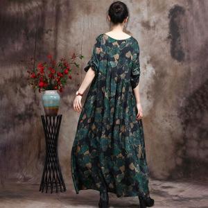 Blackish Green Flowers Spring Dress Silky Loose Dress for Senior Women