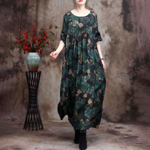 Blackish Green Flowers Spring Dress Silky Loose Dress for Senior Women