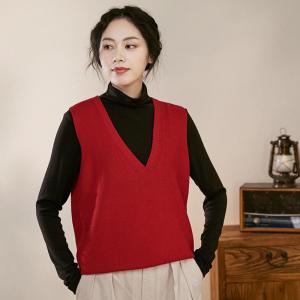 Plunging Neck Wool Knit Vest Loose Vest Sweater for Women