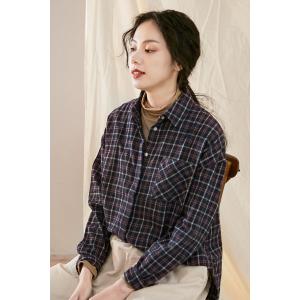 Preppy Style Casual Cotton Shirt British Gingham Blouse