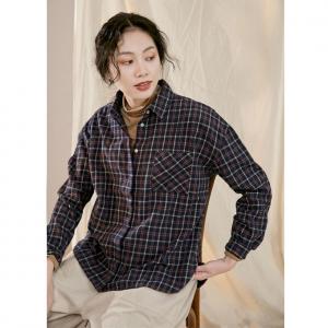 Preppy Style Casual Cotton Shirt British Gingham Blouse