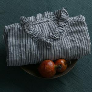 Office-Casual Pinstriped Blouse Gray Oversized Cotton Linen Shirt