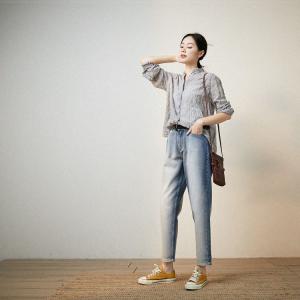 Office-Casual Pinstriped Blouse Gray Oversized Cotton Linen Shirt