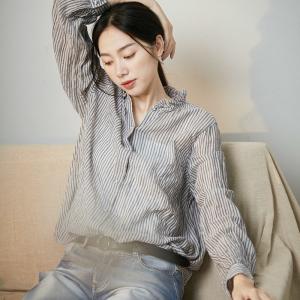 Office-Casual Pinstriped Blouse Gray Oversized Cotton Linen Shirt