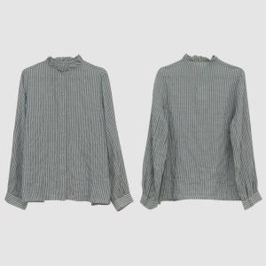 Office-Casual Pinstriped Blouse Gray Oversized Cotton Linen Shirt
