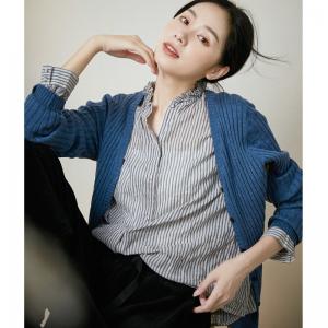 Office-Casual Pinstriped Blouse Gray Oversized Cotton Linen Shirt