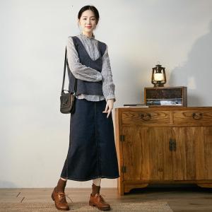 Office-Casual Pinstriped Blouse Gray Oversized Cotton Linen Shirt