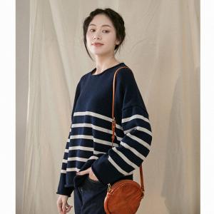 Horizontal Striped Large Sweater Casual Crew Neck Sweater Top