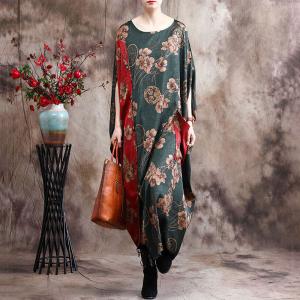 Flowers Prints Silk Plus Size Caftan Contrast Colored Vintage Dress