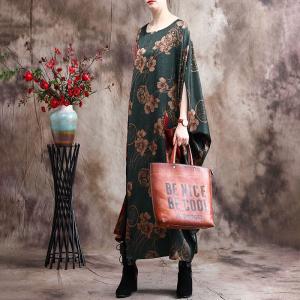 Flowers Prints Silk Plus Size Caftan Contrast Colored Vintage Dress