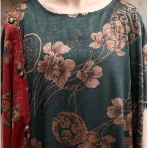 Flowers Prints Silk Plus Size Caftan Contrast Colored Vintage Dress