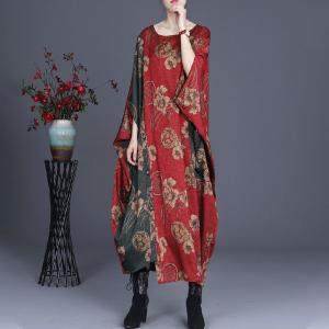 Flowers Prints Silk Plus Size Caftan Contrast Colored Vintage Dress