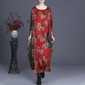 Flowers Prints Silk Plus Size Caftan Contrast Colored Vintage Dress