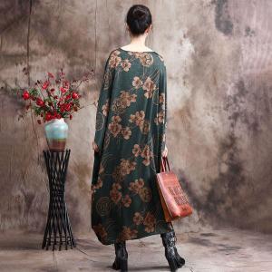 Flowers Prints Silk Plus Size Caftan Contrast Colored Vintage Dress