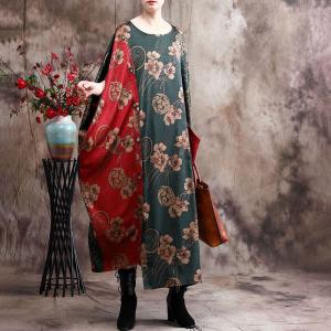 Flowers Prints Silk Plus Size Caftan Contrast Colored Vintage Dress