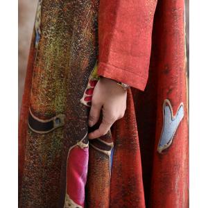 Tribal Character Prints Red Flare Dress Silk Satin Long Frock